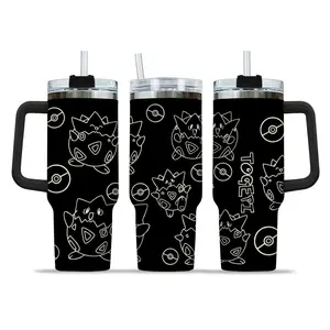 Togepi 40oz Tumbler with Handle and Straw, Stainless Steel Vacuum Insulated Cup, Pocket Monster Design, Anime Merch, Anime Tumbler
