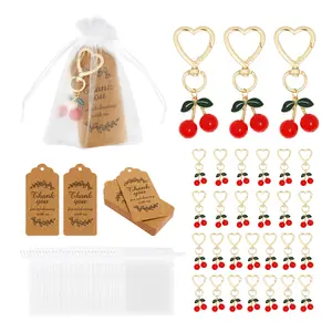 30 Pcs Exquisite Cherry Keychain Alloy and Resin Cherry Keyring with 30 Thank You Cards and Mesh Bags for Wedding Birthday Party Holiday