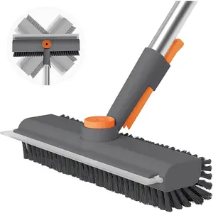 3-in-1 Floor Scrub Brush with Long Handle, 360° Rotating Head, Heavy-Duty Stiff Bristles & Adjustable Silicone Squeegee for Shower Bathroom Patio Garage Kitchen Wall Deck Cleaning Supplies