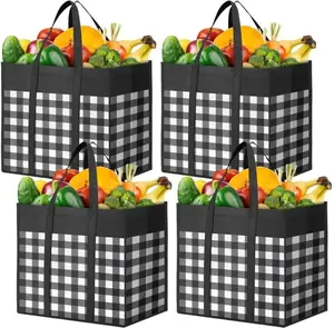 Reusable Grocery Bags,4-Pack, Foldable Reusable Shopping Tote Bags bulk with Reinforced Handles,Large Storage Bags with Water Resistant Coating for Groceries,Multipurpose,Black-White