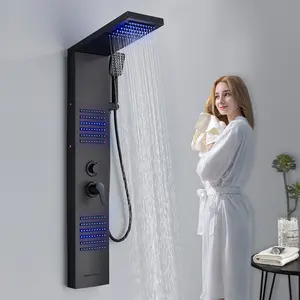 Black Stainless Steel Shower Panel Tower System,LED Rainfall Shower Head Combo,4-Function Shower Column Faucet Rain Massage Body Jets System Wall Mount