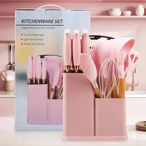 International Women's Day Gift for Her: 19PC Wood Handle Kitchen Knife Set - Includes Silicone Utensils (Heat Resistant & Non-Stick Safe) - Stylish Wooden Ladle for Nonstick Pots - Complete Cutlery Set