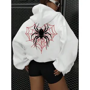Women’s off-shoulder hoodie with spider and heart print, drawstring kangaroo pocket, cute sporty fashion casual style, suitable for daily wear, vacations, and outdoor activities; autumn/winter women’s apparel GARMENTARY