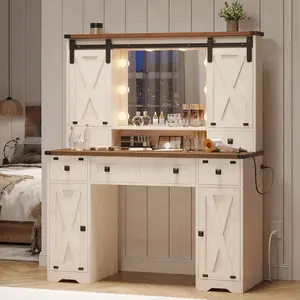 Sikaic Farmhouse Makeup Desk with Power Strips, Vanity Table with Sliding Barn Door and 5 Drawers, Dressing Table, White Furniture Organize Storage Bedroom
