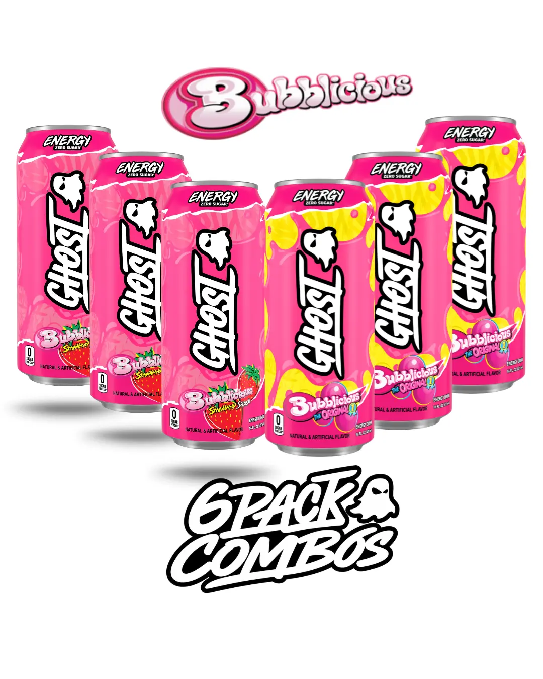 LIMITED EDITION Ghost Energy Drink (Bubbalicious, 7 UP, Sour Strips, Raspberry Cream Flavors) - 6-Pack 0 Sugar, Low Calorie Sport Beverage with Carnipure L-Carnitine, Summer Wins, Focus Fuel