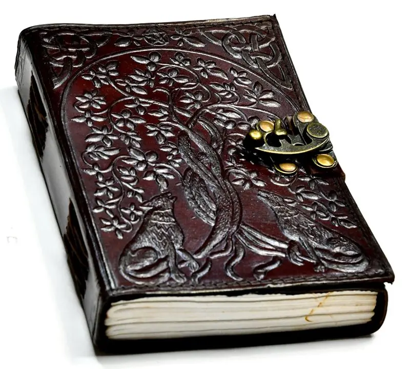 Wolf Tree of Life Leather Grimoire Journal — 5x7 Embossed Latch Grimoire