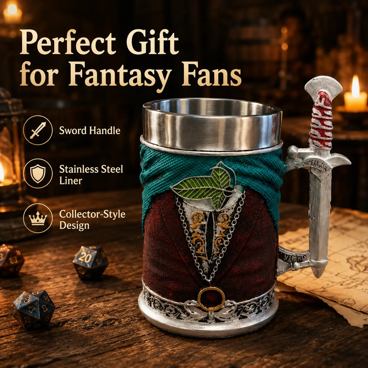 Medieval Viking Goblet Mug - Stainless Steel Drinking Cup with Dark Knight Embossed Resin Exterior, Blade-Handled Medieval Look Collectible for Home Bars, Party Use, Collectibles