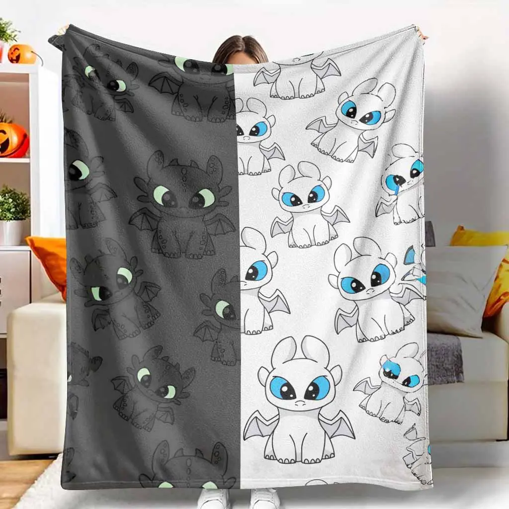 Cartoon Dragons Flannel Throw Blanket - Toothless & Light Fury Pattern, Super Soft, Warm, Lightweight, Cozy for Sofa & Bed, Unique Gift for Christmas & Birthdays