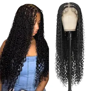 YMSGIRL 32Inch Bohemian Box Braided Wig With Curly Ends, Full Lace Braided Wig With Baby Hair, Premium Synthetic Fiber, Suitable For All Skin Tones