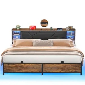 Unikito Cool Queen Size Bed Frame with RGB LED Lights and Power Outlets, Sturdy Platform Bed with Storage Upholstered Headboard, Strong Metal Slats, No Box Spring Needed, Easy Assembly, Vintage, Rustic Brown