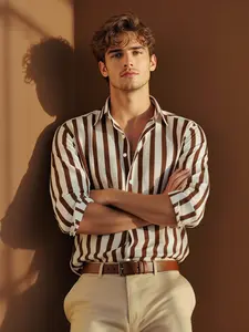 Men's Striped Button Front Shirt, Casual Fashion Wear Long Sleeve Collared Top, All Seasons Fitted Stripe Shirt