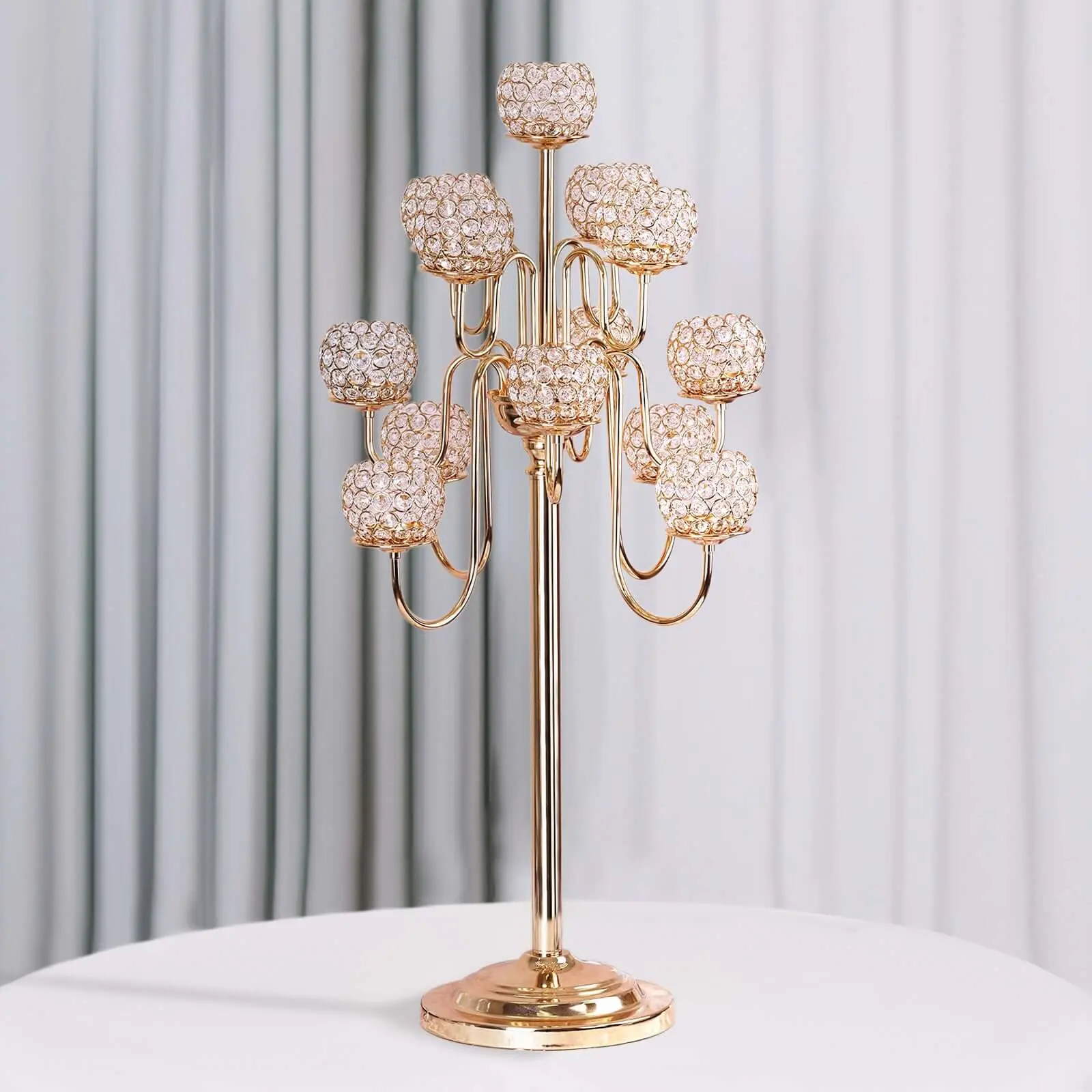 Gold Metal Crystal Beaded Candelabra - 13 Beaded Arms, 40" Candle Burner, Room Decor Ornaments, Table Centerpiece for Events