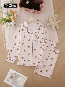 Two-piece Set Women's Cute Heart/ Strawberry Print Pajama Set, Casual Comfy Long Sleeve Lapel Collar Top & Pants Pj Set, Valentine's Day Gift, Ladies Sleepwear & Loungewear for Spring & Fall, Pyjamas