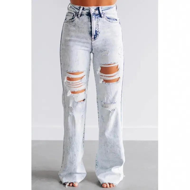 Straight Leg Ripped Jeans for Women, Casual Mid-Rise Loose Fit Floor-Length Denim Pants, Bottom, S, Floor-Length Cut