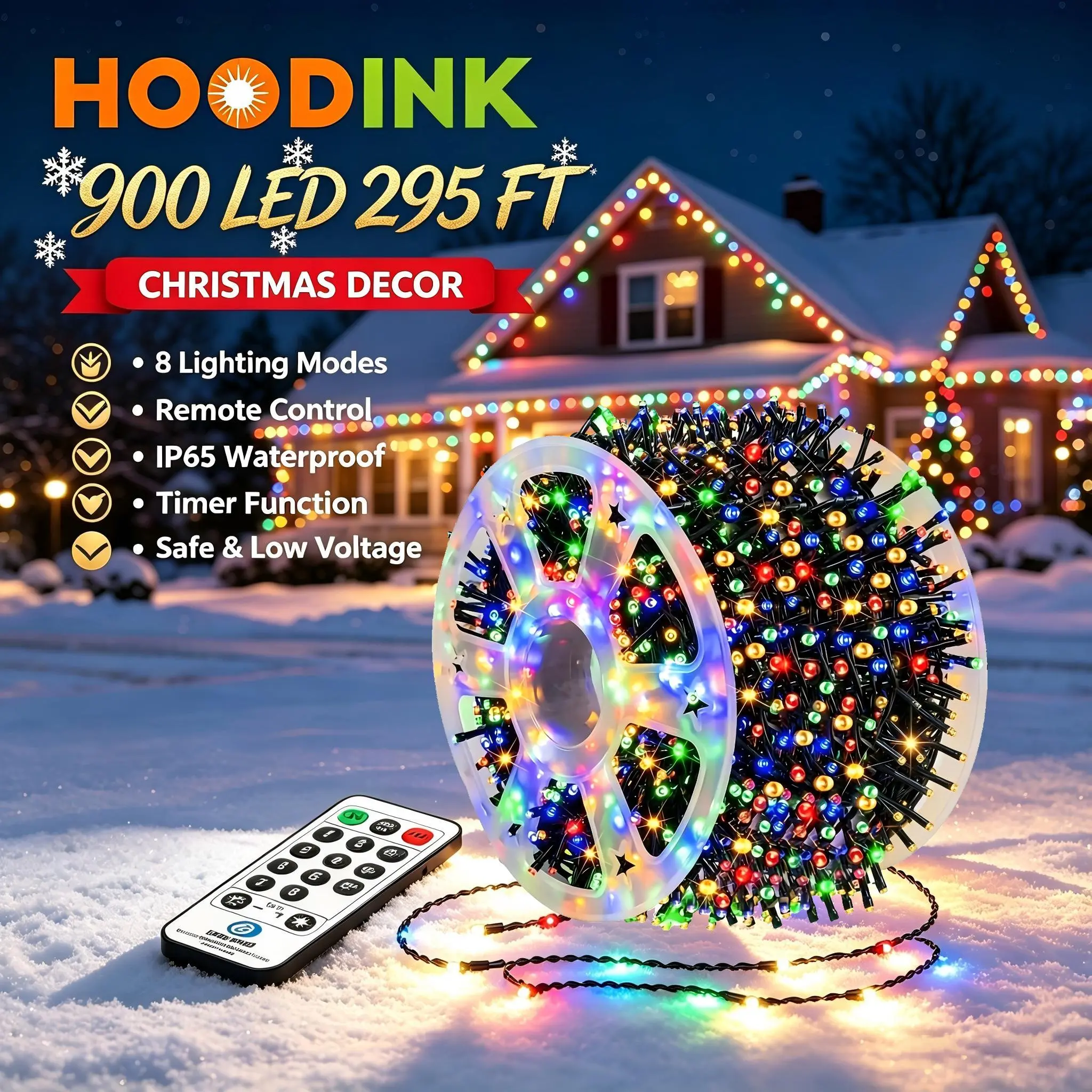 Hoodink 900-LED 295ft Fairy Christmas Light String - 8 Modes, Timer, Remote Control - String LED Novelty Lighting, Party Lighting Decoration, Festival Decoration, Christmas Aesthetic Home Event Supplies