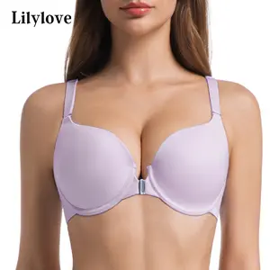 Lilylove Front Closure Push Up Glossy Fabric Comfort Easy to Wear Lightly Padded Underwire Luxury Adjustable Straps Seamless Plunge Supportive T-shirt Bra Women's Wear 3/4 Cup B-DDD