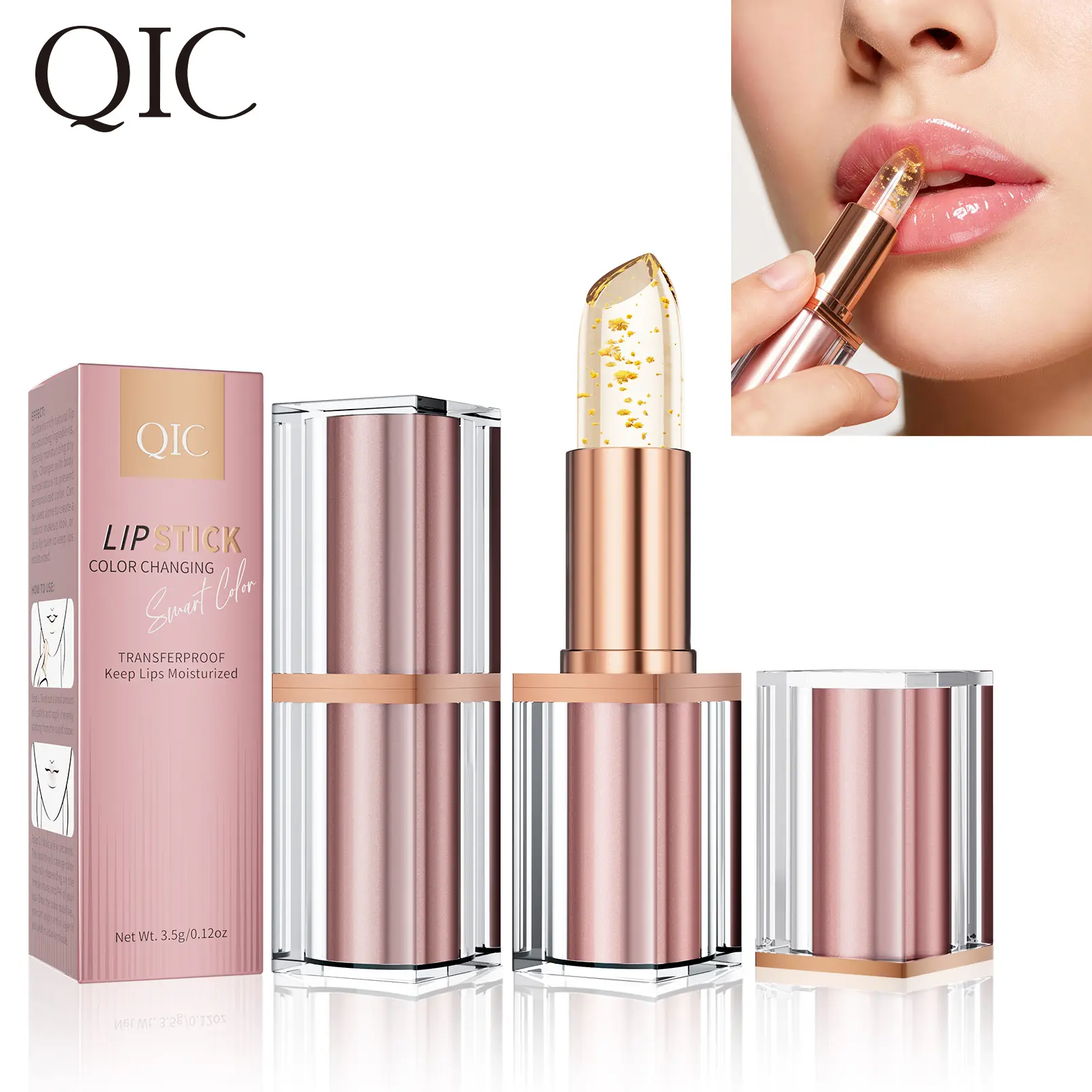 QIC Gold Foil Color-Changing Lipstick, PH Adaptive Tinted Lip Balm, Long-Lasting Hydrating & Nourishing Clear Lip Gloss