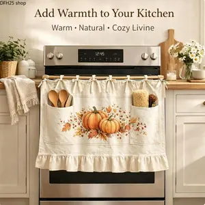 Handmade Linen Oven Skirt Curtain with Storage Pockets, Farmhouse Style Ruffled Decor, Multi-use Cover for Oven, Dishwasher and Kitchen Cabinets