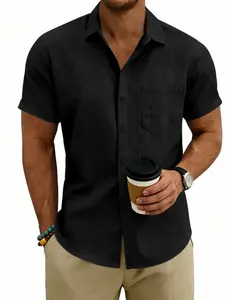 Summer Men's Beach Tropical Linen Breathable Turn-Down Collar Casual Button Short Sleeve Top Shirt, Comfortable and Stylish Summer Wear for Men