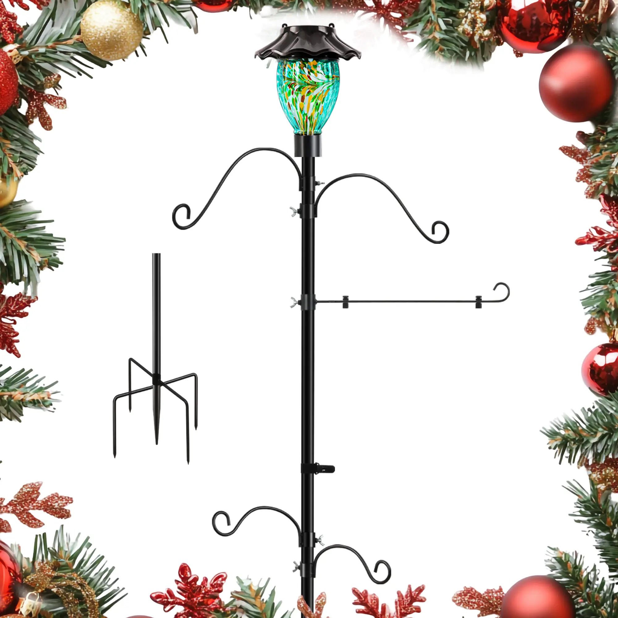 LUJII Solar-Powered Heavy-Duty Rustproof Metal Shepherd's Hook - 4 Adjustable Hangers, Flag Holder, Easy-Setup Solar Lamp, Weather Resistant, 2 Lengths, Outdoor Bird Feeder Decor, Garden Lovers' Gift