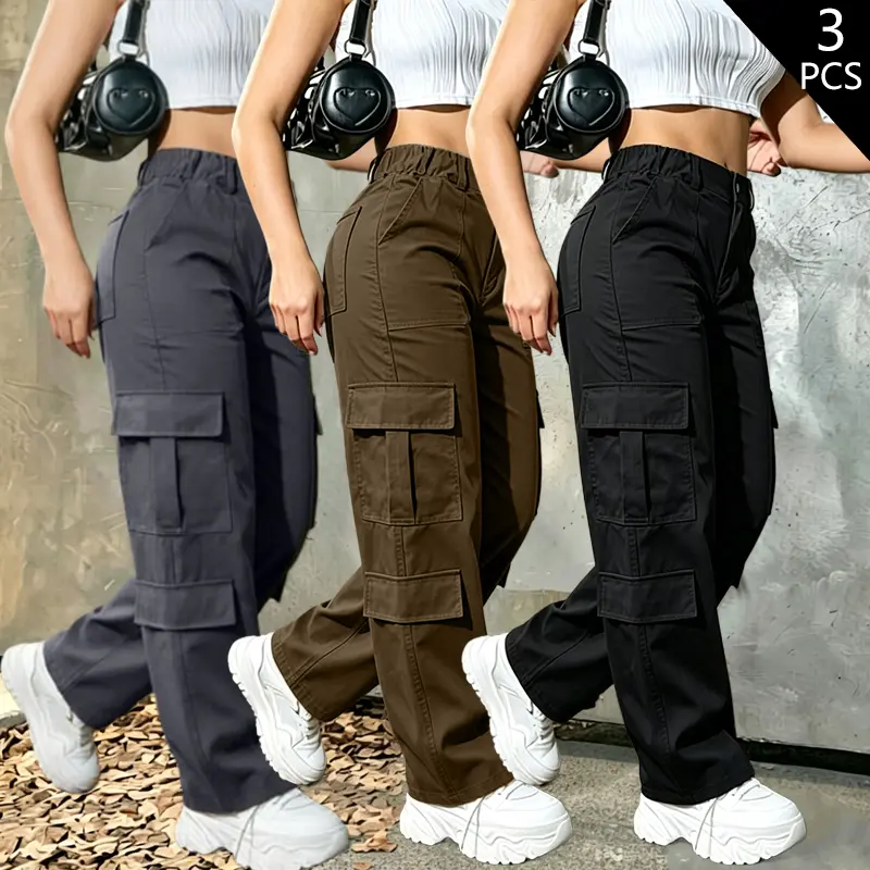 3-Pack Women’s All-Season Workwear Pants — Solid Color, Button Closure, Multiple Pockets, Straight-Leg Long Pants