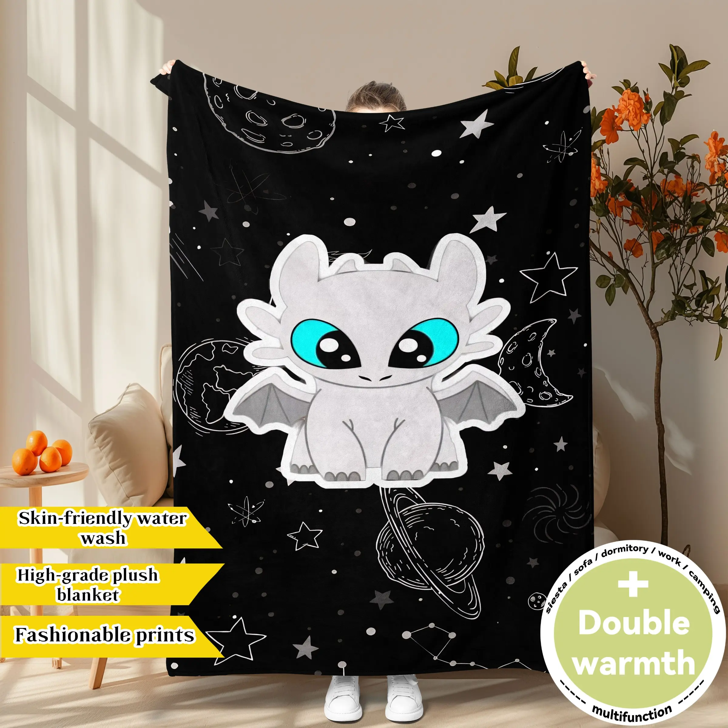 How to Train Your Dragon Light Fury & Night Fury fleece blanket, Figure Print Blanket, with cute prints of Toothless, Soft, machine washable plush with enhanced warmth, Versatile for multi-scene use, Ideal gift for franchise fans, Blanket Gifts