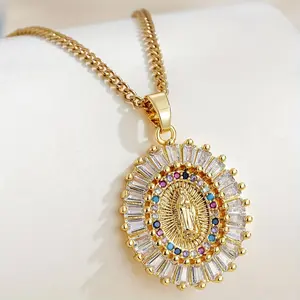 Gold Guadalupe Virgin Mary Necklace for Women Men Teens, 14K Gold Plated Oval Zircon Inlay Oil Drip Virgin Mary Pendant Christian Jewelry Gift ﻿