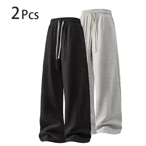 Men’s drawstring solid-color sweatpants/joggers, loose fit with a drapey feel, versatile for all seasons, straight-leg long pants; available as single pair or two-pack options Casual Comfy Trouser