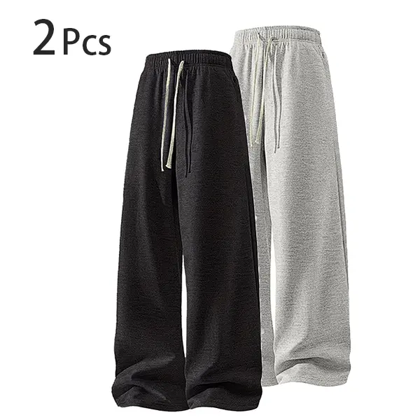 Men’s drawstring solid-color sweatpants/joggers, loose fit with a drapey feel, versatile for all seasons, straight-leg long pants; available as single pair or two-pack options Casual Comfy Trouser