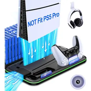 ESYWEN PS5/PS5 Slim Stand and Cooling Station with Controller Charging Station for Playsation 5, PS5 Accessories Kit Incl. 3 Levels Cooling Fan, LED, 15 Game Slot, Headset Holder for PS5 Digital/Disc Console