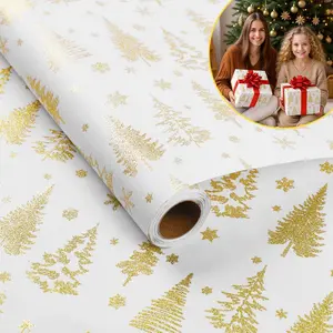 25 in*32.81 Feet Christmas Gold Tissue Paper for Gift Bags, Xmas Tree Printed Tissue Paper for Gift Wrapping, Gold Decorative Tissue for Winter Holidays Birthday Xmas DIY Craft