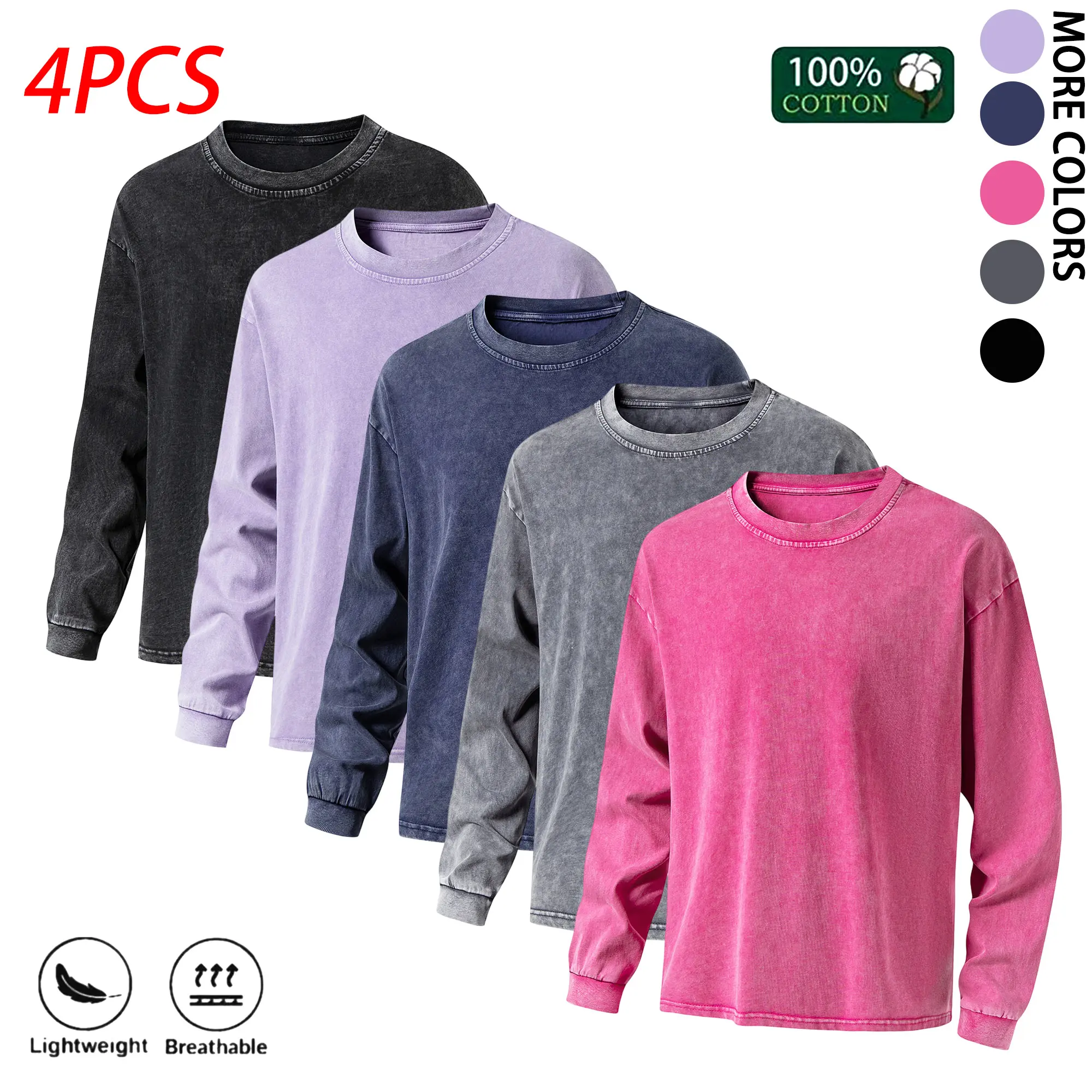 Unisex couples’ four-piece set: vintage washed distressed loose long-sleeve sweatshirt with crew neck; soft, lightweight casual pullover top; basic street-style top for everyday autumn wear.