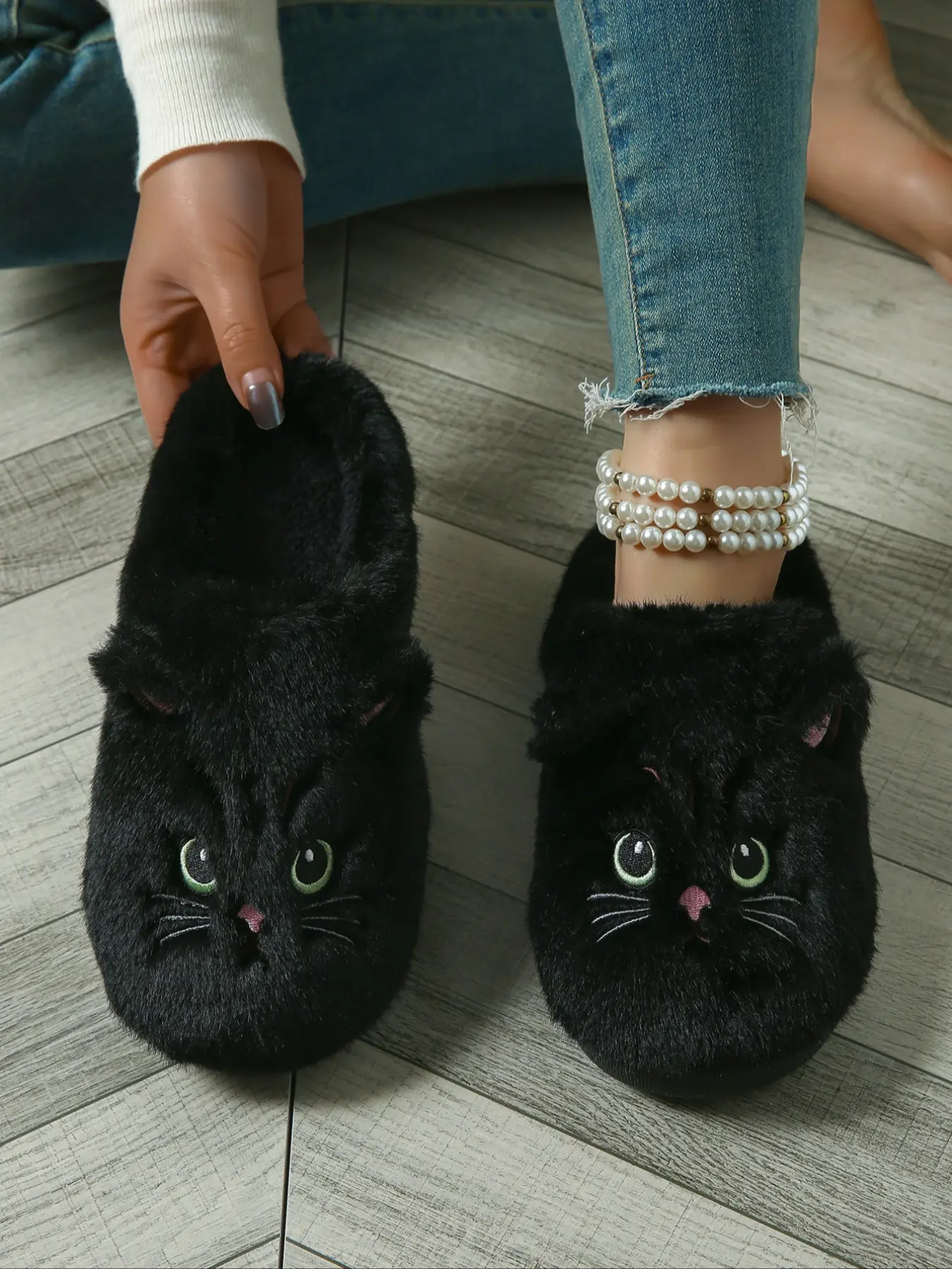 Women's Cat Pattern Plush Fluffy Home Slippers, House Slippers, Fall & Winter Home Warmth, Indoor Non-Slip Shoes, Casual Textile Upper, Rubber Sole, Medium Width