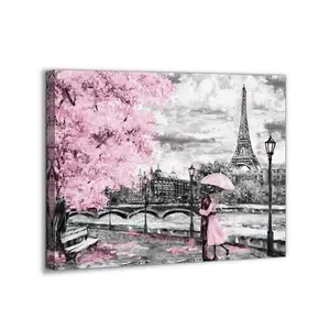 Seine River Paris Tower Theme Decorative Painting Romantic Pink Cherry Blossom Tree Oil Painting Bathroom Bedroom Living Room Decoration Romantic Theme Dining Room Wall Art Decoration Modern Wooden Wall-mounted Bedroom Pack Gift Poster Ornaments Artistic