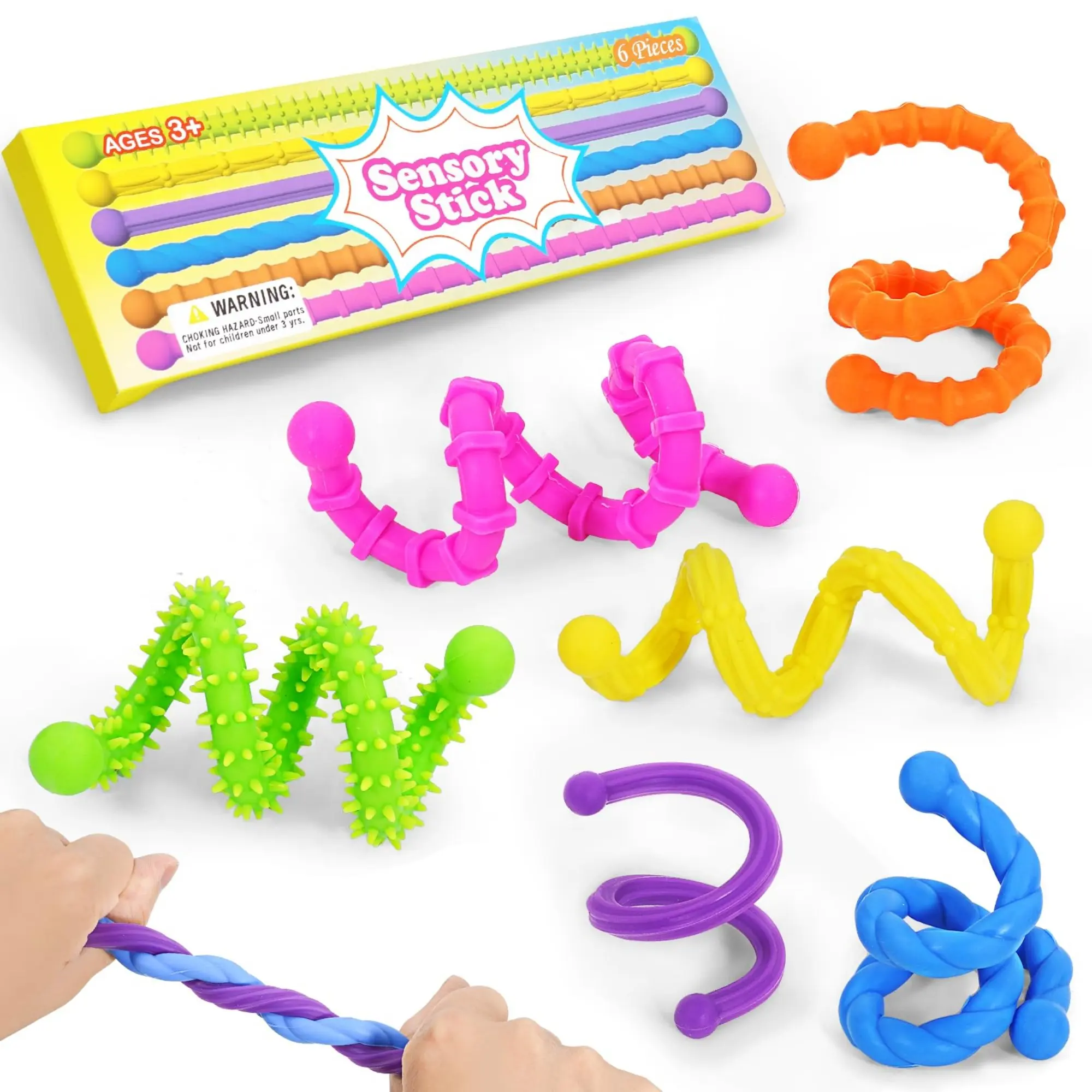 6-Pack Textured Flexible Silicone Relaxation Sticks - 9.85 Inches, Bendable, Quiet, Unisex Stress Relief Fidgeting Toys for Sensory Play, Classroom Prizes, Holiday Gifts