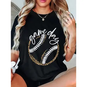 Women's Baseball Mom Short Sleeve Crew Neck T-Shirt 100% Cotton Game Day Softball Life Print Top Womenswear Black Casual Streetwear Tshirt