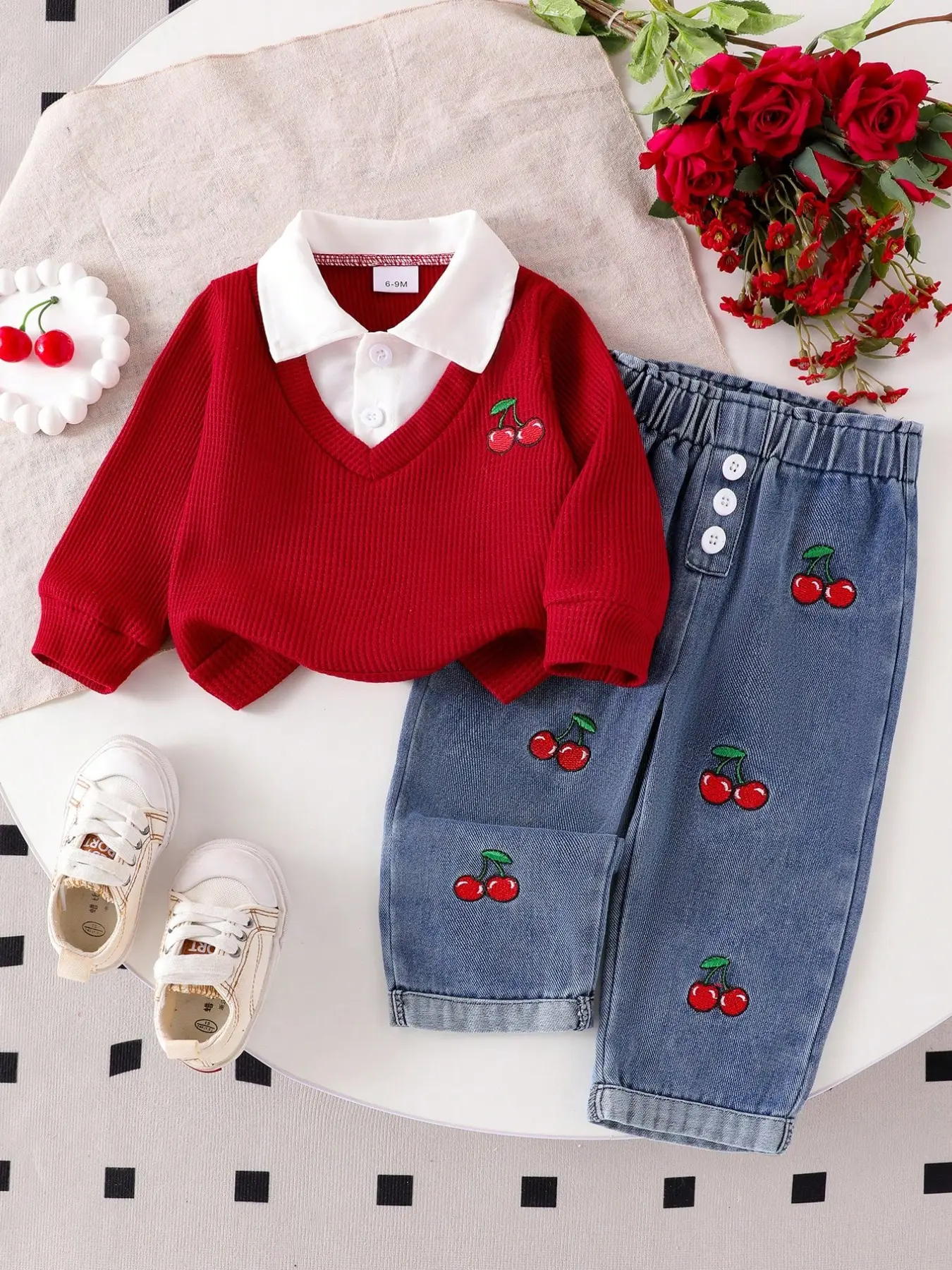 Newborn Girls' Fashion Casual Clothes 2-Piece Set, Cherry Embroidery Long Sleeve Top, Mid-Waist Button Denim Jeans, Stylish Baby Outfits