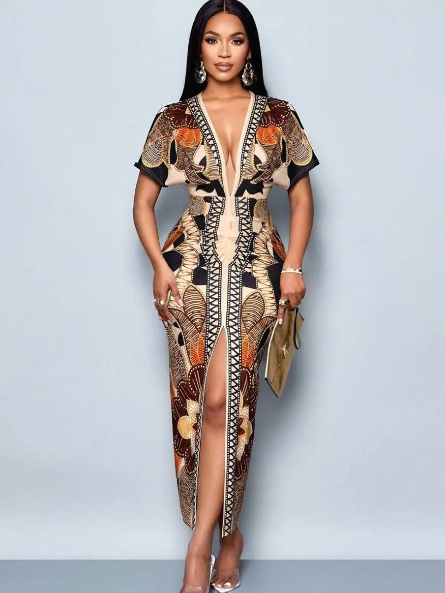Elegant Chain Print High Slit Bodycon Dress - Sexy Deep V-Neck, Batwing Sleeve