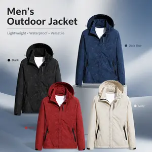 Men's Outdoor Hooded Windbreaker Waterproof Breathable Hiking Jacket for Daily Adventure in Dark Blue Black Red Ivory