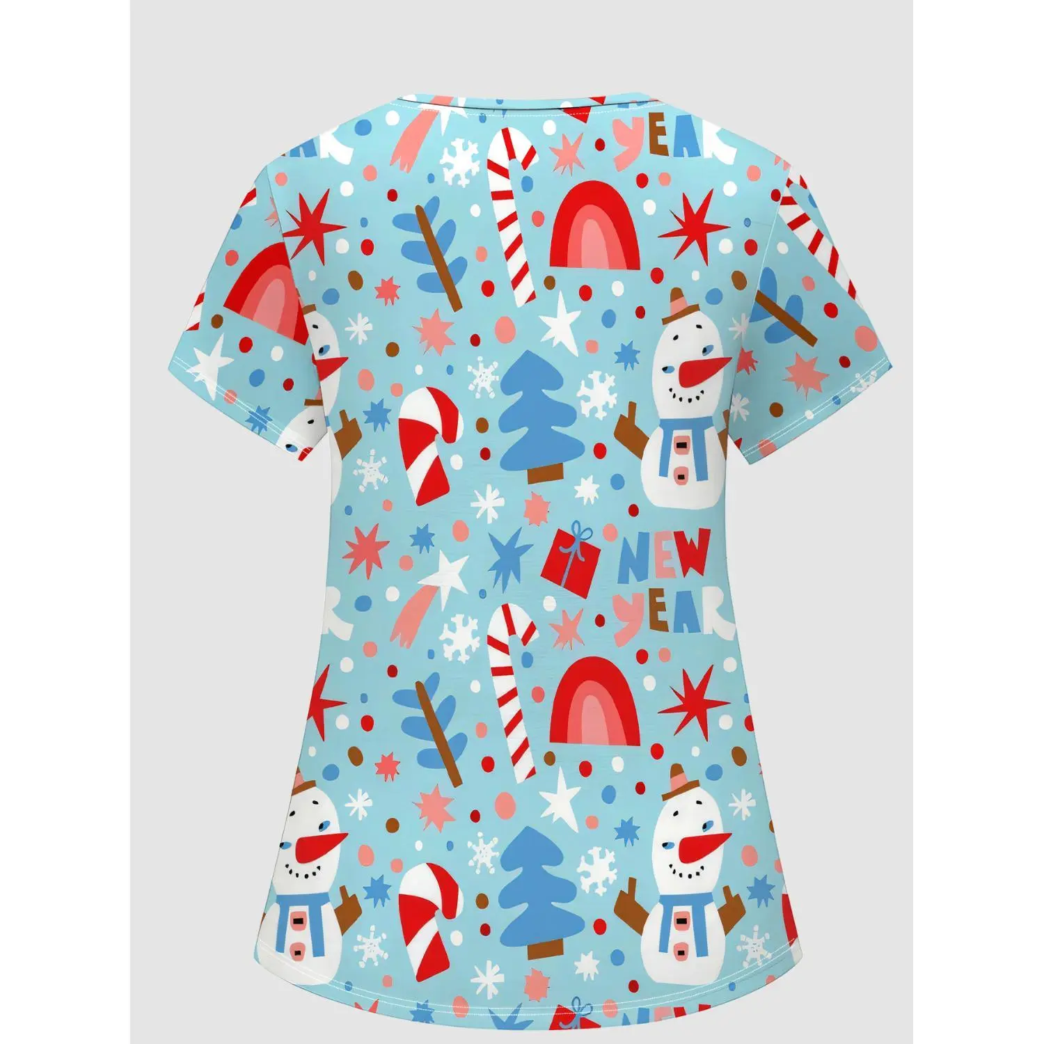 Christmas Women's Nurse V-Neck Top with New Year Theme Print - Snowman, Candy Cane, Christmas Tree, Stars & Gifts Design, Soft & Stretchy Pocketed T-Shirt, Festive and Comfortable