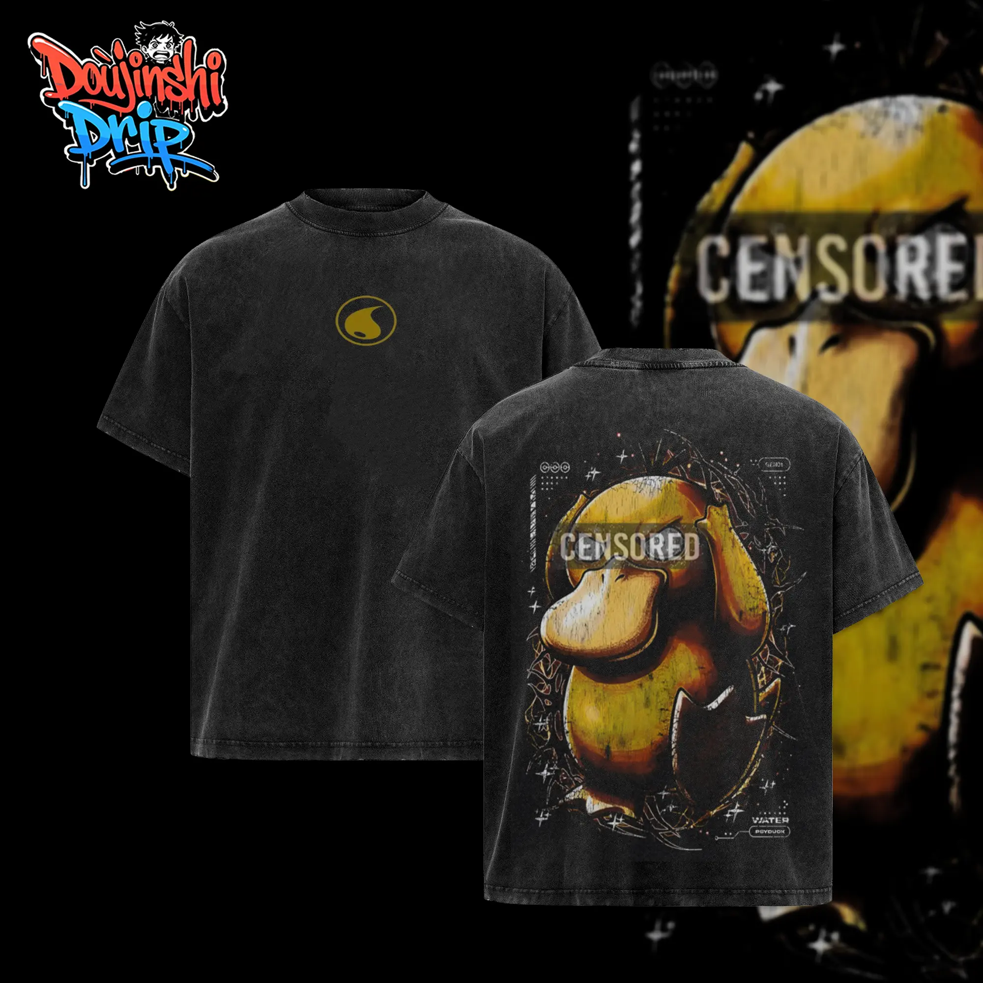[Doujinshi] Vintage Psyduck Acid Washed T-Shirt Unisex Oversized Anime Manga T-Shirt Heavyweight Cotton Tee for Anime Fans, Pocket Monster merch, T-shirt anime gift, Anime Streetwear, graphic tees