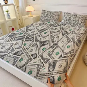 $1 Bill Pattern Bedding Set, 3-Piece Cash-Print Fitted Sheet And Pillowcase Set, High-End Stylish Bedroom Decor, Soft And Breathable (Includes 1 Fitted Sheet + 2 Pillowcases)