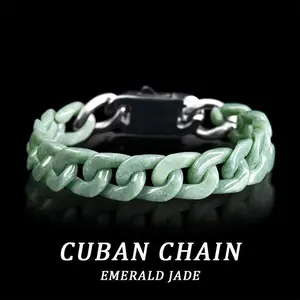 Natural Jade Cuban Chain Bracelet, Jade Titanium Steel Hip Hop Style, Unisex Retro Jewelry, Mysterious Oriental Aesthetic Design