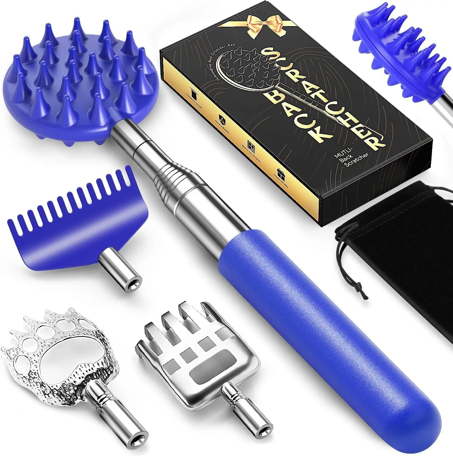 TUKUOS Telescoping Back Scratcher with 5 Detachable Scratching Heads, Rubber Handles, Anniversary Birthday Gifts for Men Women Blue Back Scratcher for Men/Dad/Women/Adults Body Care Tool Scalp Scrubber