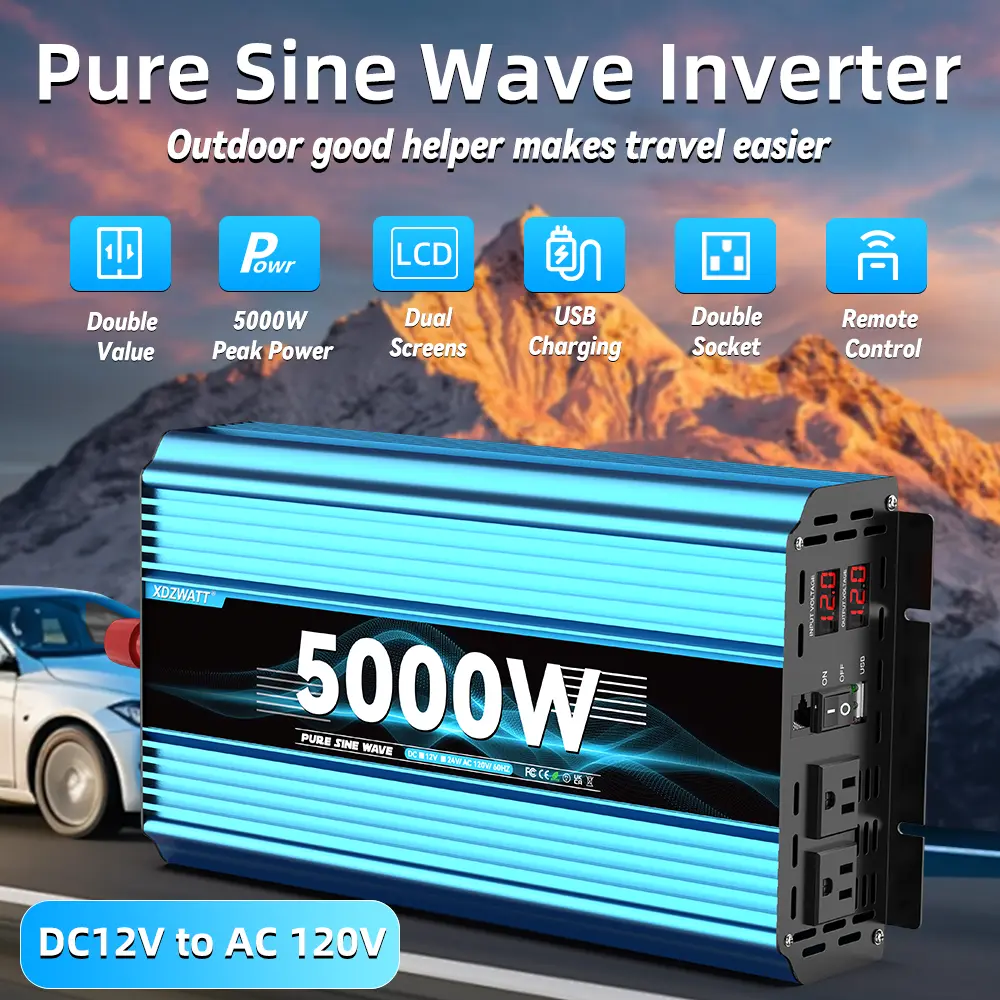 5000W（Peak）pure sine wave power inverter, suitable for cars,  supports inversor nversor 12V/24V DC to 120V AC alta capacidad para casa equipped with a digital display and USB port, suitable for home, outdoor and travel scenarios