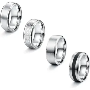 MILACOLATO 4 Pcs Stainless Steel Men Rings Silver Matte Finish Polished Band Rings Bottle Opener Rings Wedding Band Engagement Promise Rings Vintage Fidget Ring for Men N1/2-Z1/2 Daily