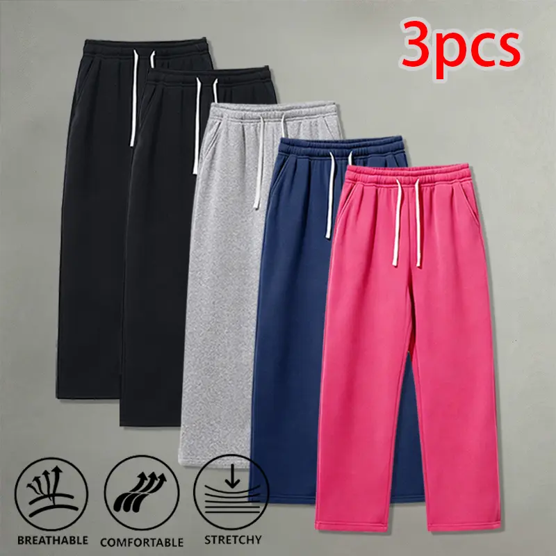 3-piece set of stretchy wide-leg pants in assorted solid colors, made from skin-friendly fabric—ideal for home, commuting, travel, and casual wear; suitable for rotating between pairs.