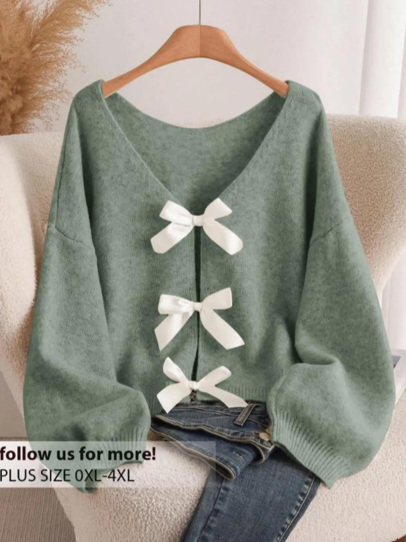 Women's Plus Size Bow Decor Long Sleeve Loose Vneck Sweater Knitwear Knitting, Lady Womenswear, Comfortable Versatile Design, Perfect for Fall Winter, Fashion Casual Clothing