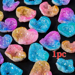 Natural Clear Quartz Crystal Cluster with Agate Heart, Electroplated Colored Cave Healing Chakra Stone, Druzy Gemstone, Gemstone Decor