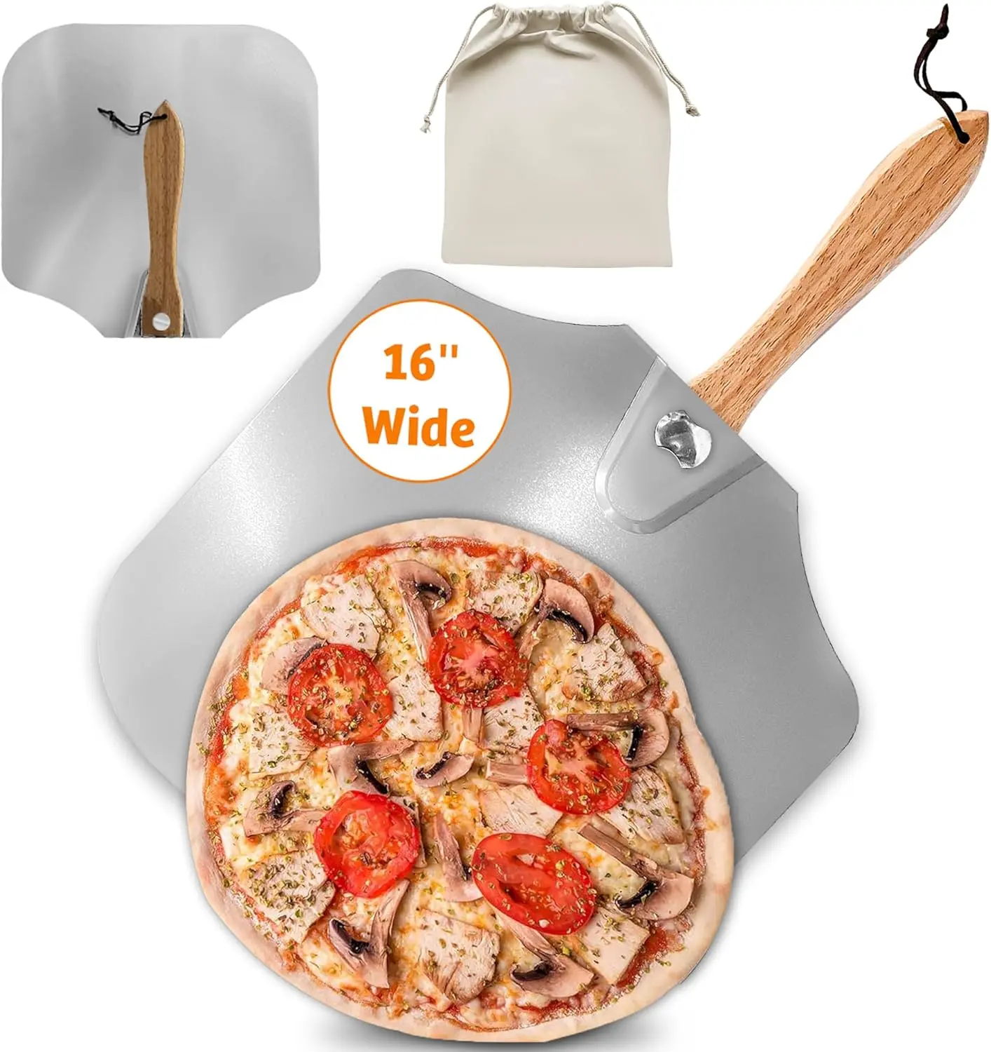 Pizza Peel 16 inch,16" Wx 18" L, Aluminum pizza peel with Foldable Wood Handle and Storage Bag, Non-perforated Wooden